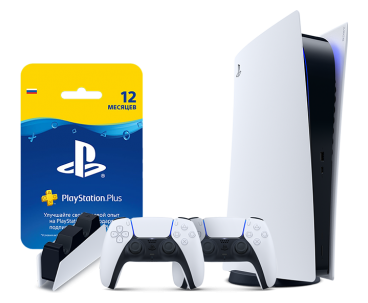 Консоль PlayStation®5 Digital edition в комплекте с контроллером DualSense™, зарядной станцией для Dualsense и картой подписки PS Plus на 12 месяцев фото 1
